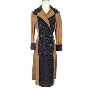 Vintage Pennylane Suede Boucle Trim Double Breasted Long Coat Brown and Black